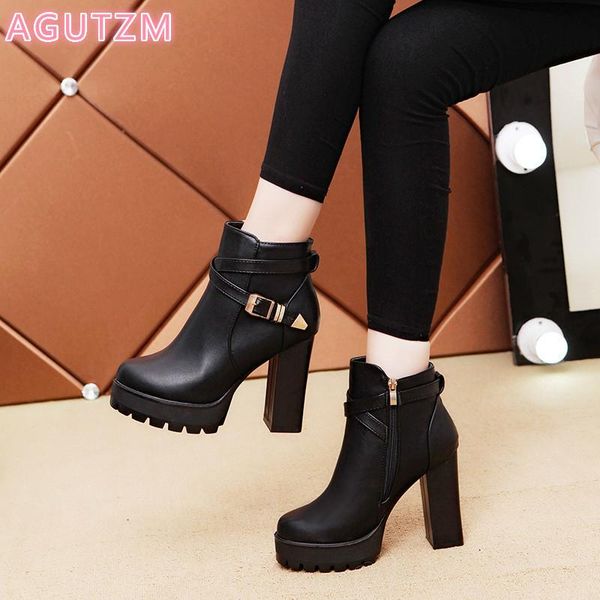 

2020 fashion zipper ankle boots for women high heels buckle motorcycle boots platform black white pu leather party shoes woman