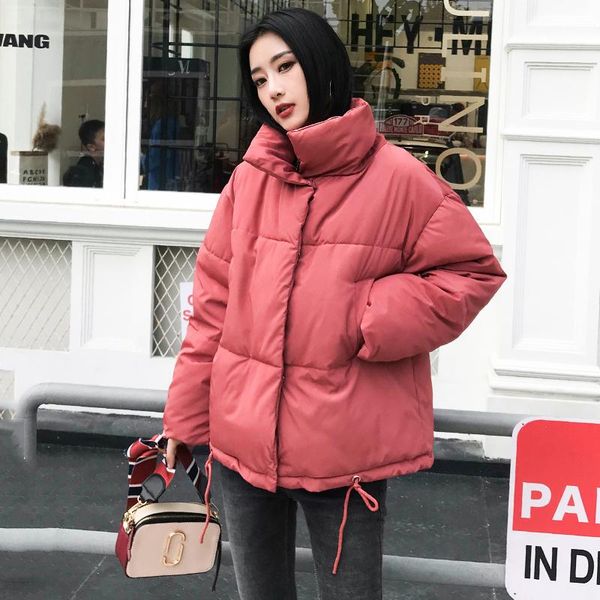 

2021 winter solid jacket for women stand collar loose korean style female cold coat oversized cotton padded thick women's parkas, Black