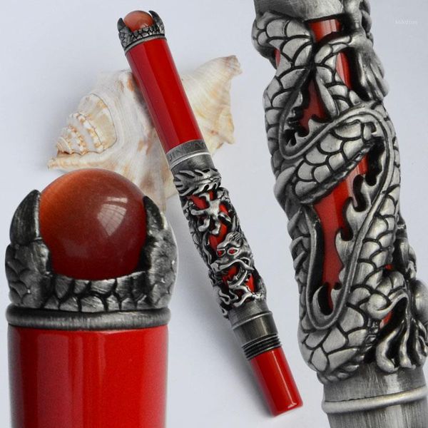 

fountain pen fine 18kgp nib new jinhao dragon king play pearl red and antique silver finish dragon emboss 3 colors for choice1