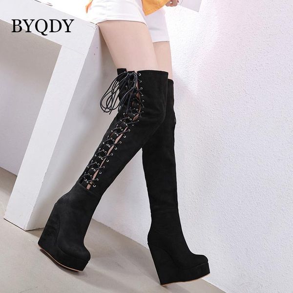 BYQDY Autunno Stivali Alti Sexy Lace Up Sopra Il Ginocchio Donna Stivali Zeppe Scarpe Tacco Piattaforma Donna Pelle Scamosciata Botas Mujer Taglia 35-401