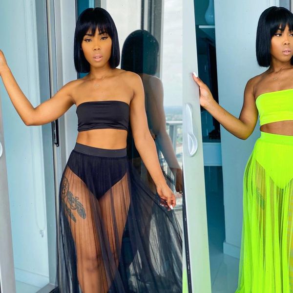 

plus size women mesh see through two piece summer outfits strapless crop and maxi long matching co ord sets, Gray