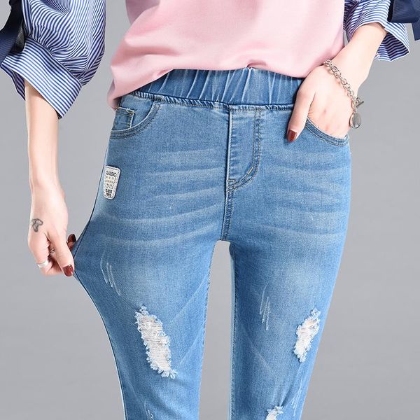 

women's jeans woman summer capris denim elastic waist pencil pants big size female skinny trousers ripped femme pantalon d23, Blue