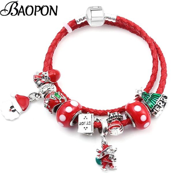 

charm bracelets santa claus pendant with christmas tree beads leather chain bracelet silver color jewelry for women xmas gift, Golden;silver