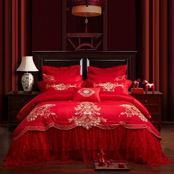 

bedding sets 100% cotton luxury embroidery satin lace bed sheet  king size 4pcs/6pcs/9pcs duvet cover