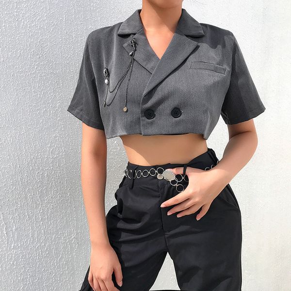 

2021 new women single breasted short sleeve exposed navel solid female casual mrs blazer streetwear jacket bskb, White;black