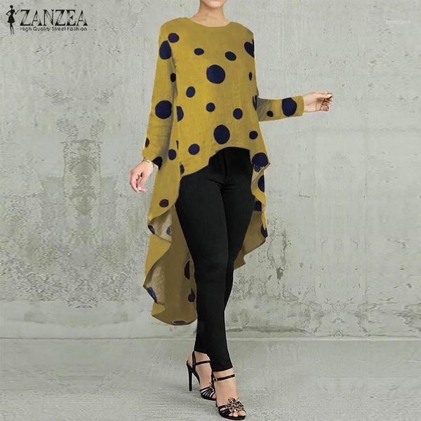 

2020 spring polka dots high low blouse zanzea vintage long shirt vestido women long sleeve tunic blusas chemise female robe1, White