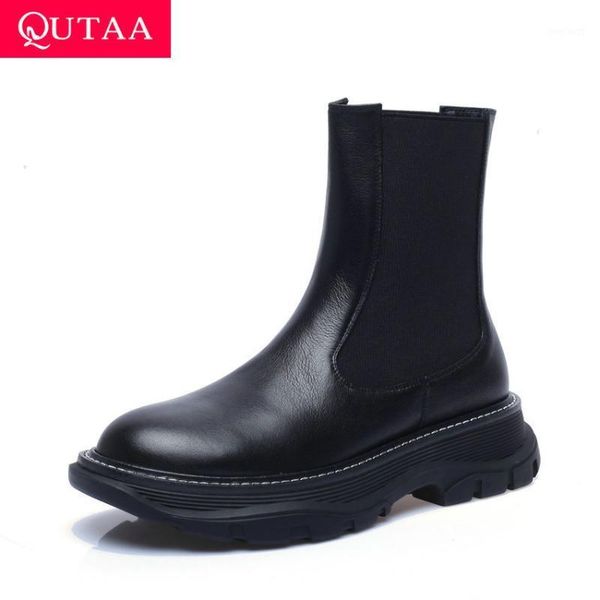 

qutaa 2021 ankle boots square high heel slip on women shoes round toe autumn winter cow leather quality ladies pumps size 34-391, Black