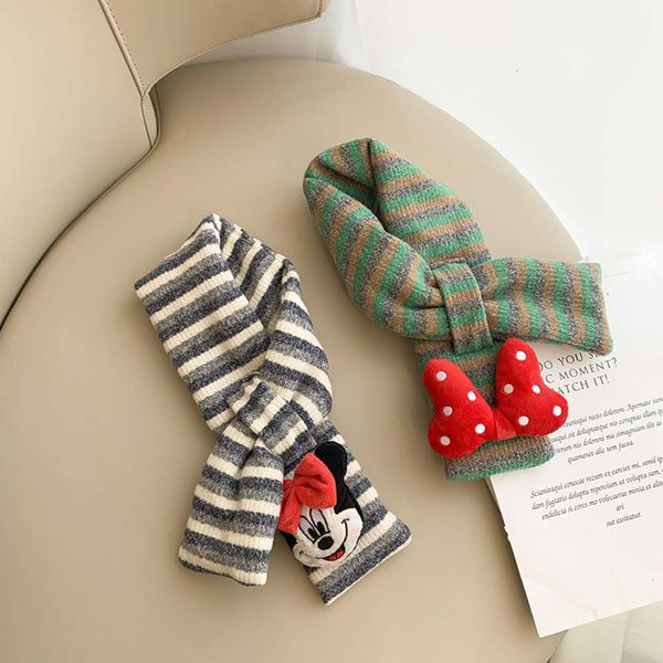 

color matching striped children's autumn winter knitting warm scarf cartoon cute bow fashion boys and girls neck cover, Red;brown