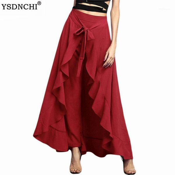 

ysdnchi plus size women chiffon pants causal ruffle drawstring high waist zipper irregular trousers loose red autumn female new1, Black;white