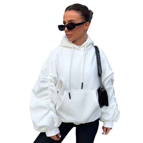 

women casual loose hooded hoodies ruched long sleeve winter fall warm sweatshirts with pocket casual female coat outwear, Black