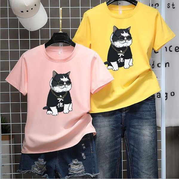 

fat cat print woman t shirts spring summer new style short sleeve round neck t-shirt femme casual loose t shirt feminina, White