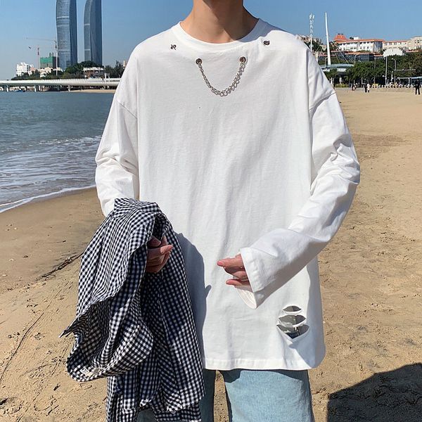 

2021 male summer and fall new bottoming hole long sleeve shirt fashion young men's clothes 2bvj, White;black