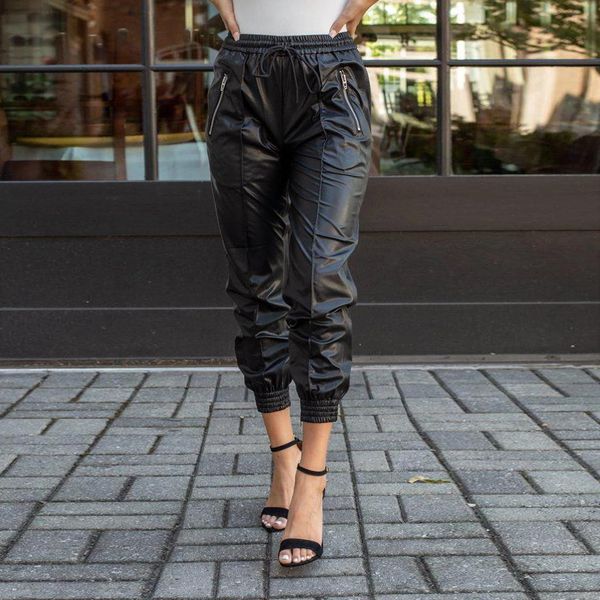 

2019 autumn new fashion pants women black pu leather pants high waist pencil trousers skinny pantalon femme streetwear#j30, Black;white