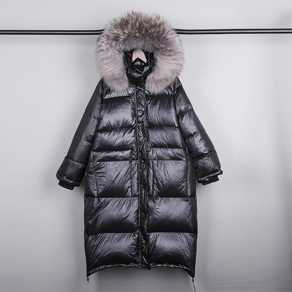 

real natural fur new winter jacket women loose duck down jacket female long down parka thick hooded coat plus size overcoat 201023, Black