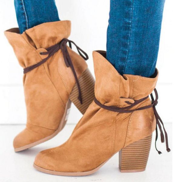 

sapato feminino women ankle boots shoes woman chunky high heels vintage faux suede lace up gladiator booties chaussure ta1161, Black