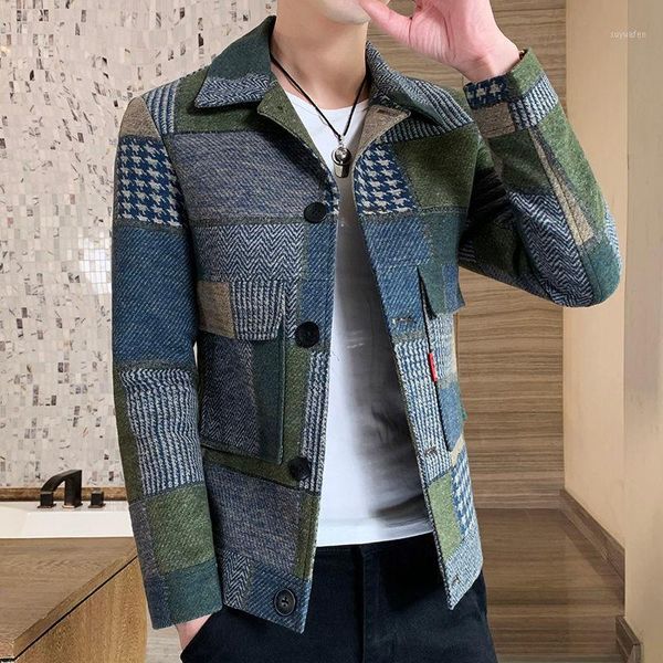 

fashion warm long-sleeved plaid gentleman pockets coat jacket 2020 korean casual men's stitching jacket fashion slim fit1, Black