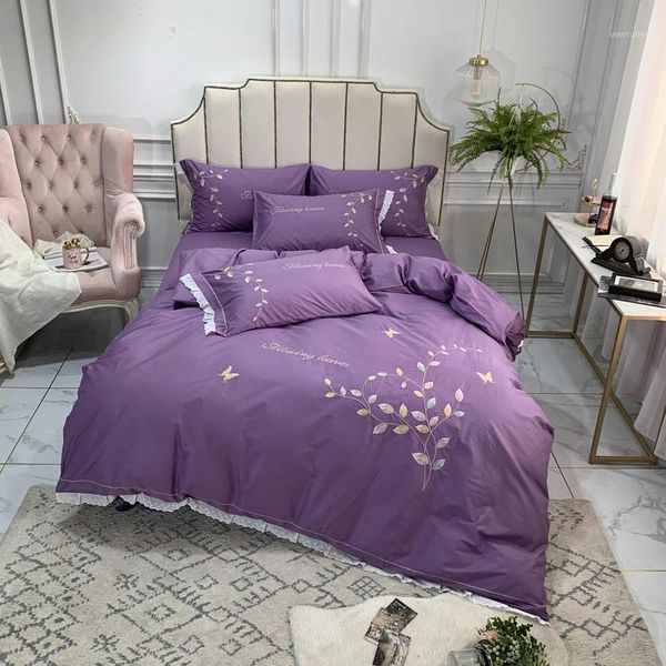 

bedding sets modern style pure cotton ruffles embroidery 4pcs duvet cover flat fitted bed sheet pillowcases solid purple blue grey ruby soft