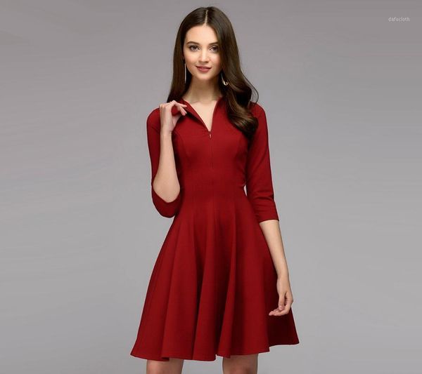

women vintage front zippers a-line party dress three quarter sleeve solid o-neck elegant mini dress 2018 autumn fashion1, White;black