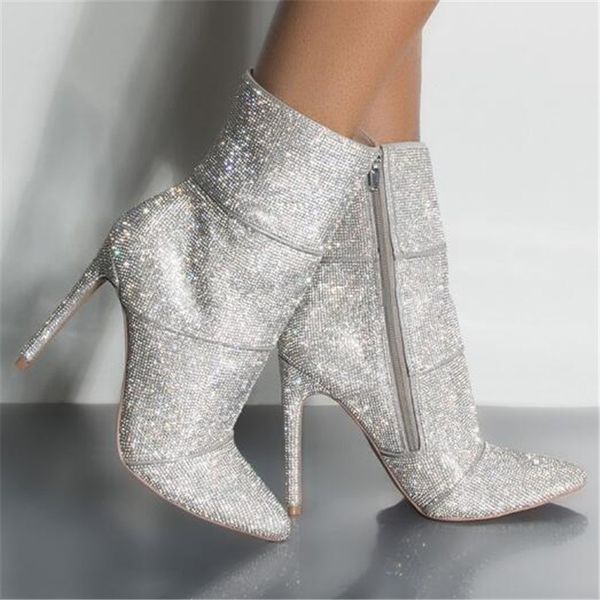 

pointed toe ladies bling strass ankle stiletto short silver crystal boots high wedding booties heels x433, Black
