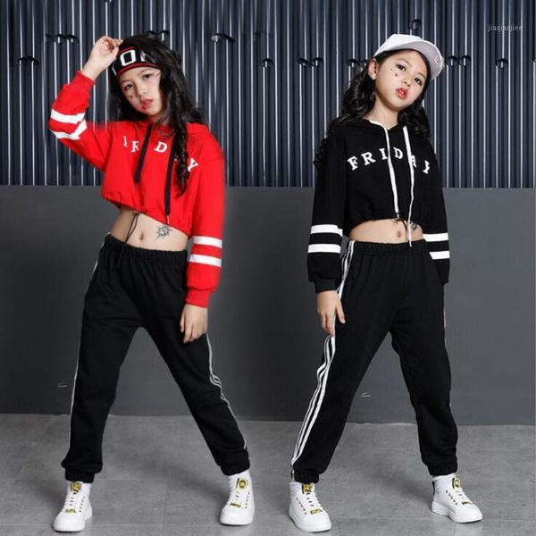 

red girls loose ballroom jazz hip hop dance competition costumes hoodie shirt pants kids party dancing wear outfits suits1, Black;red