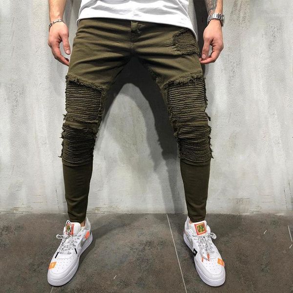 

man trend fold holes solid color leisure jeans cowboy male army green fashion casual trousers men's hip hop jogger1, Blue