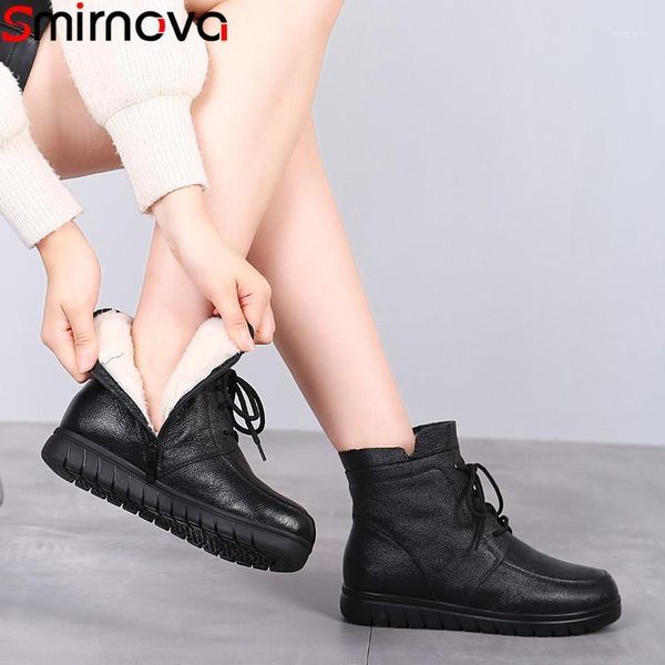 

smirnova size 34-43 fashion genuine leather boots women zip flat with winter ankle boots casual keep warm wool snow women1, Black