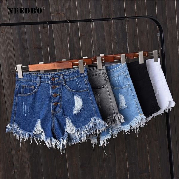 

needbo jeans summer women denim shorts high waist casual femme plus size 6xl hole ladies short pants mujer y200822, White;black