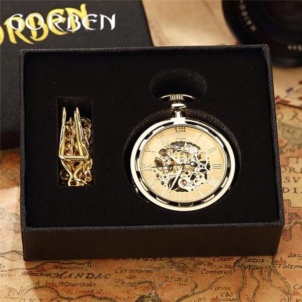 

retro watch necklace steampunk skeleton mechanical fob pocket watch roman number clock pendant hand-winding men women chain gift q wmtlau, Slivery;golden
