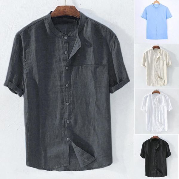 

men summer baggy cotton linen t shirt solid color short sleeve t-shirts stand neck casual button loose shirt#guahao, White;black