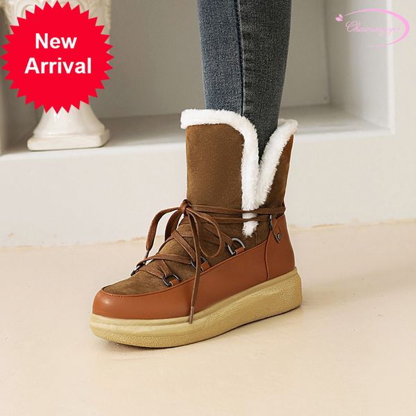 

2021 the new sweet cozy style round head winter warm snow boots teddy lasso-up platform medium heel women's shoes tdq0, Black