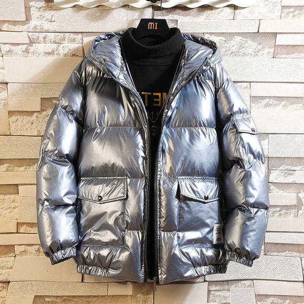 

men's winter short youth down sier glossy cotton padded jacket thickened hooded lovers fashion brand bakery men, Black