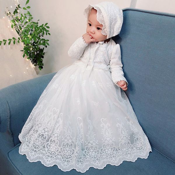 Meninas Baby Baptism Baptism Vestido Bebe Manga Longa Aniversário Bordado Vestido Vestido De Malha De Batismo com Chapéu Para Recém-nascido 12M F1130