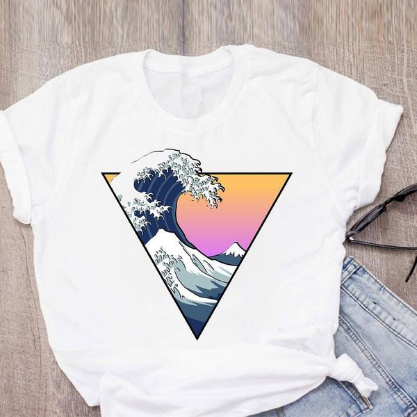 

женщины графический мультфильм живопись волна с коротким рукавом летняя футболка рубашка топы леди одежда женская одежда тройник женская фут, White