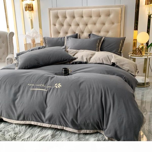 

northern european simple plain brushed washed cotton four-piece set fitted bed sheet single double sheet set bedding 1.5 1.8m duvet cover