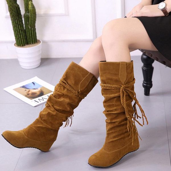 

gaoke women boots autumn winter fringe half knee high boots ladies tassel fleece shoes woman botas feminina plus size 35-431, Black