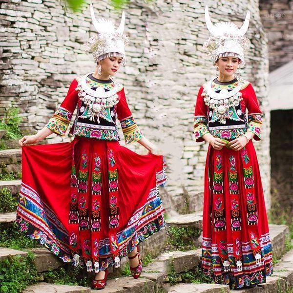 

hmong wedding dress embroidered pleated skirt miao ethnic style attire clothes for women red miao hat costumes hmong clothes1, Black;red