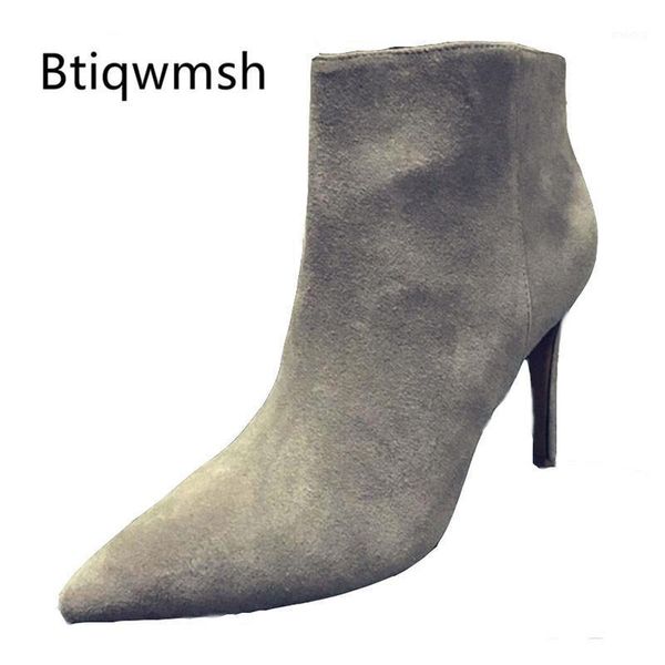 

boots gray real suede ankle women pointed toe side zipper high heel femme fashion short1, Black