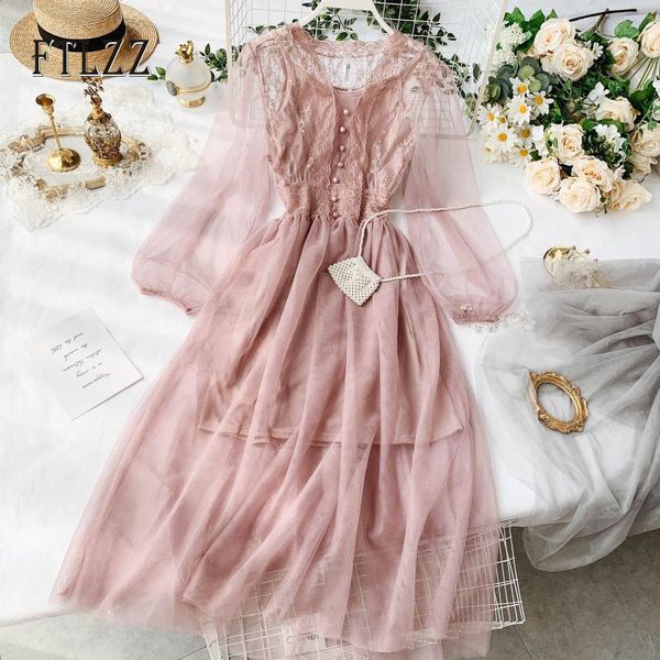 

sweet women mesh lace dresses vestidos spring autumn long sleeved slim v-neck casual dress ladies korean long robe lj201114, Black;gray