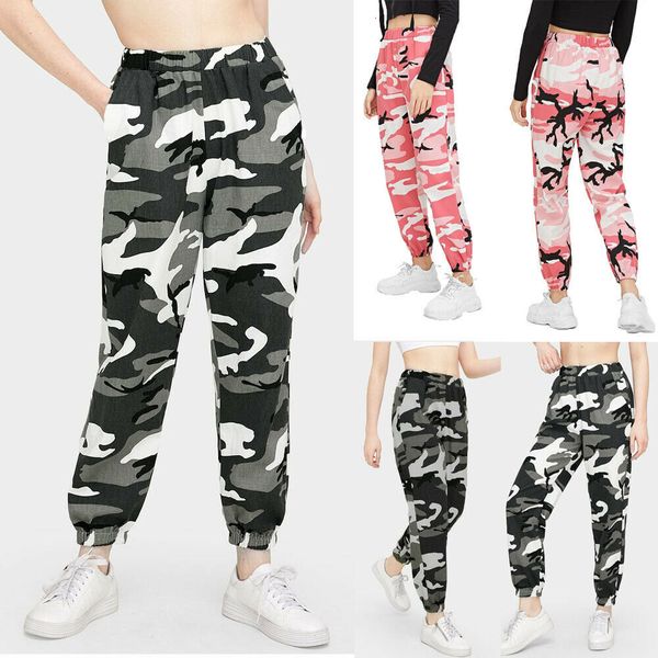 

women's camouflage pants cargo camo military loose elastic waist long trousers ladies fashion sport casual street hip hop, Black;white