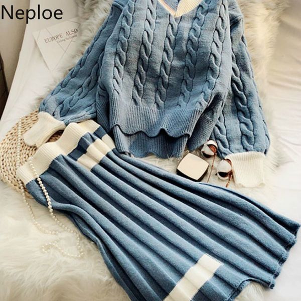 

neploe v neck knit 2 pcs women set o neck pullover twist jumper sweater + high waist hip pleat skirt color match conjuntos lj201118, White