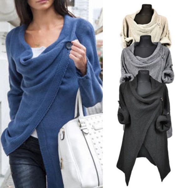 

women button cowl neck sweater solid color long sleeve wrap split cardigan top, White