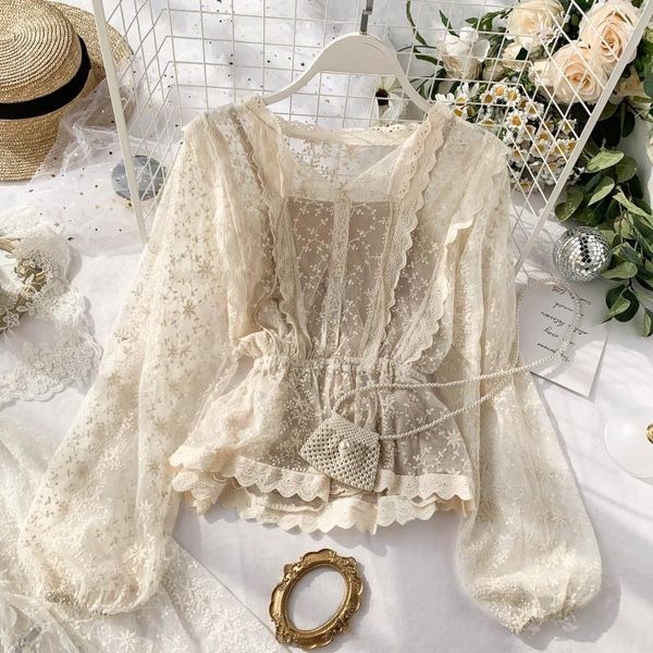 

vintage floral embroidery lace blouse women 2020 mesh shirts white/black elegant v-neck lantern long sleeve ruffles blouse