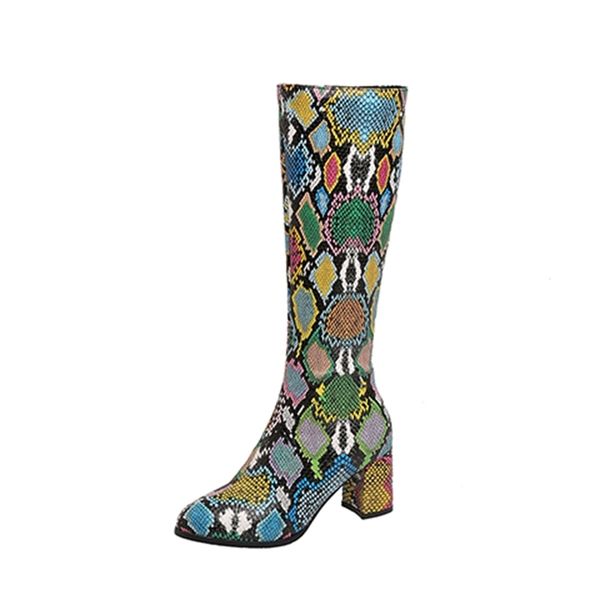 

2021 the new street style round the knee high-colored matching silky chess zipper high heels thick riding boots women's shoes 57y5, Black