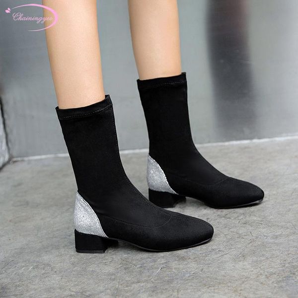 

party style round toe mid-calf boots color matching bling slip-on black medium with thick heel riding boots women's shoes