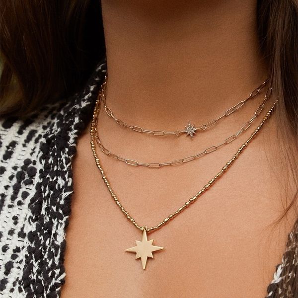 

new european women jewelry double layer cz star starburst choker big open link chain women necklace y200730, Silver