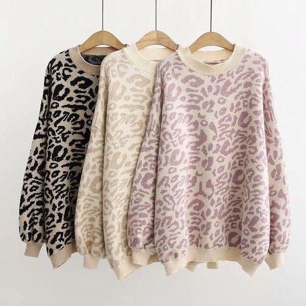 

autumn winter women's sweaters o-neck casual loose knitted fashion leopard sweater ladies oversize pullover, White;black