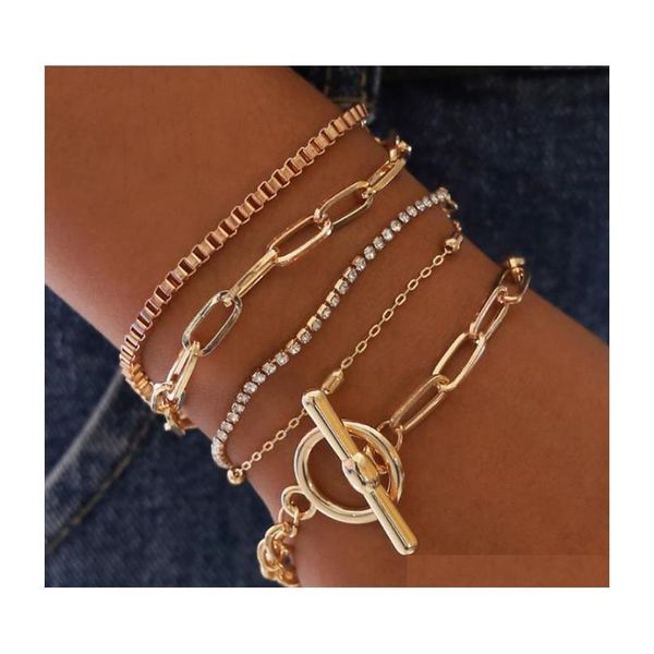

s1389 fashion jewelry multi layer bracelet set ot buckle rhinstone beads geometric hollowed chain bracelet hljfj, Golden;silver