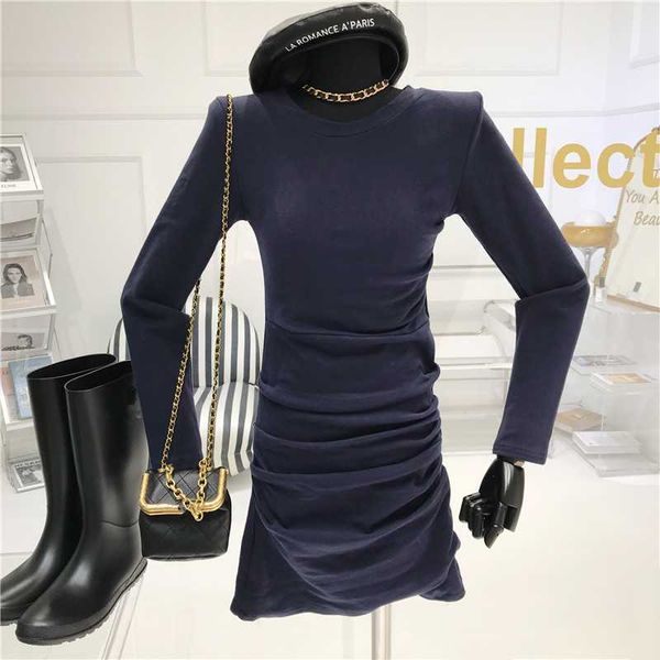 

temperament slim fold hip skirt 2020 niche design autumn and winter new tight slim long sleeve dress, Black;gray