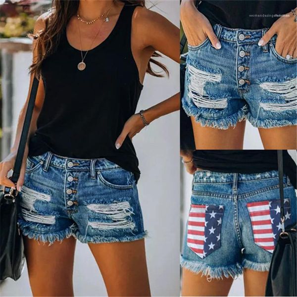 

hole mid waist pocket tassel shorts fashion female clothing summer womens designer short jeans usa national flag printed, Blue