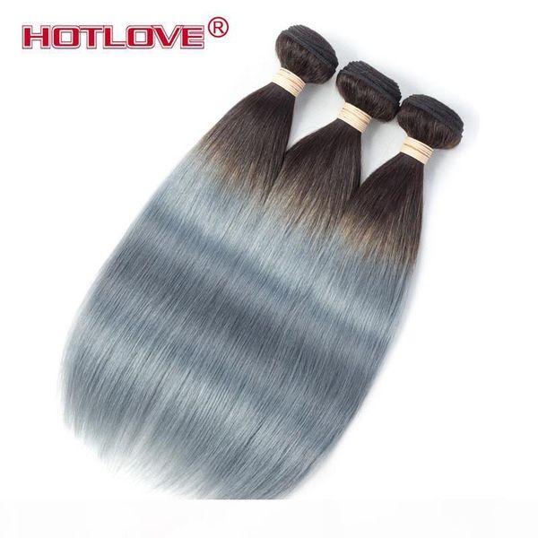 

ove two tone 1b grey ombre brazilian remy human hair extensions straight hair 3 bundles 4 bundles lot gray color 12-24 inch, Black